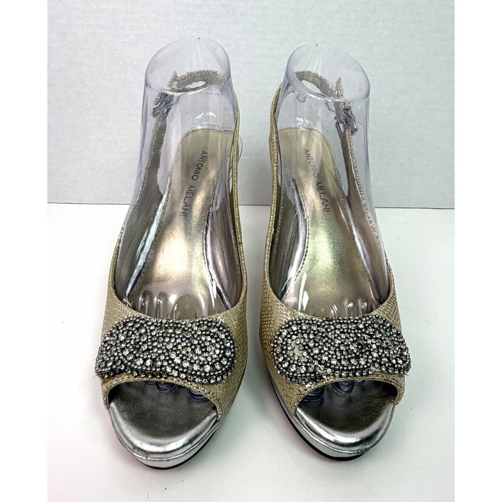 Antonio Melani Heels 7.5M Gold‎ Slingback Peep Toe Rhinestone Platform Leather - Picture 8 of 10